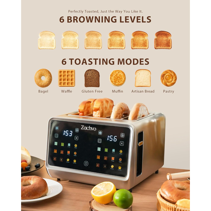 Тостер на 4 шматочки з сенсорним екраном та таймером – нержавіюча сталь, довгі слоти, 2 незалежні зони температури, підставка для бургерів та сендвічів, 6 програм, срібний колір