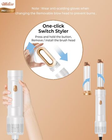 UKLISS Стайлер для волосся 6-в-1 Air Styler Set - Професійний стайлер з насадками: фен-щітка, керлер, щітка з гарячим повітрям, фен-щітка, фен, випрямляч | для створення локонів, об'єму, випрямлення та сушіння (Перламутрово-білий)