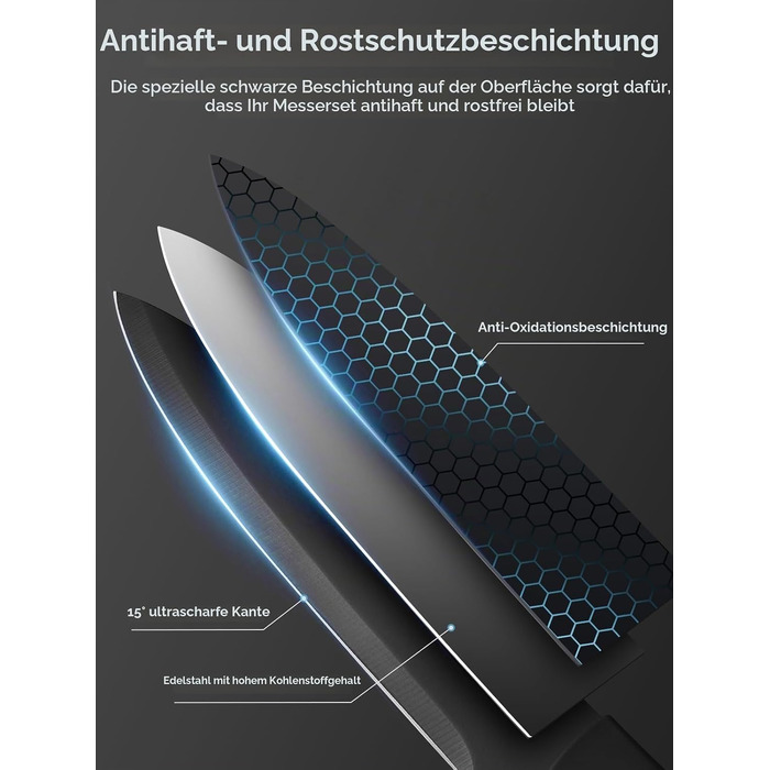 Набір кухонних ножів D.Perlla з нержавіючої сталі, 6 предметів, професійні гострі ножі з антипригарним покриттям та протиковзаючим руків'ям, чорний