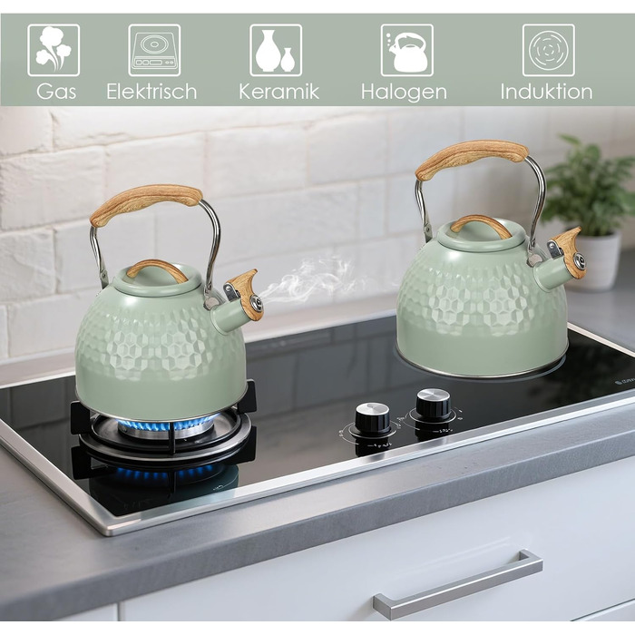 BEZORR Чайник-свисток з нержавіючої сталі, 3 літри, Ретро дизайн, для плити, індукції, газової, керамічної