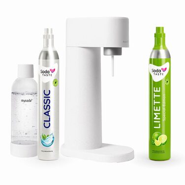 SodaTASTE Mysoda Woody – карбонізатор води з екологічного деревного композиту, 1л BPA-free пляшка, 2 x CO2 циліндри (класичний + лайм), білий