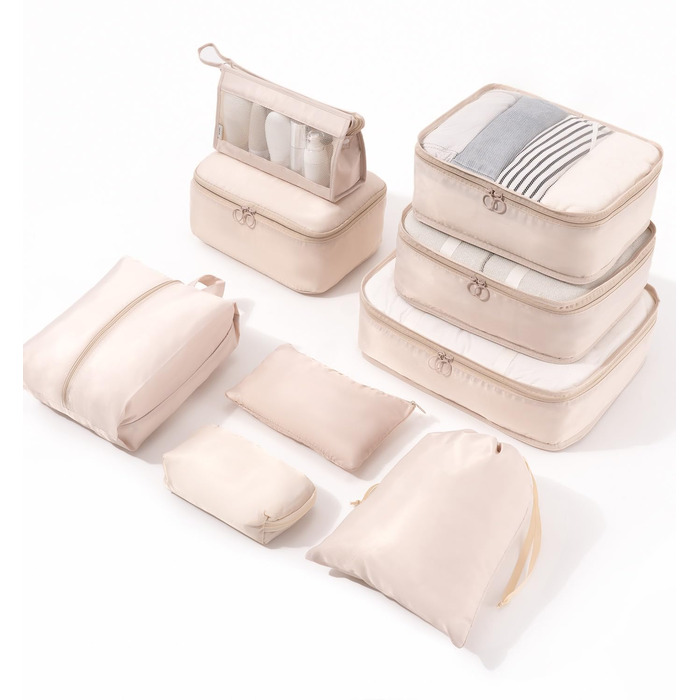 Органайзер для валізи Meowoo, 8-кількість, набір кубиків для пакування, для подорожей та бізнесу, з кишенями для одягу, для зберігання багажу, система організації (Бежевий-9шт)