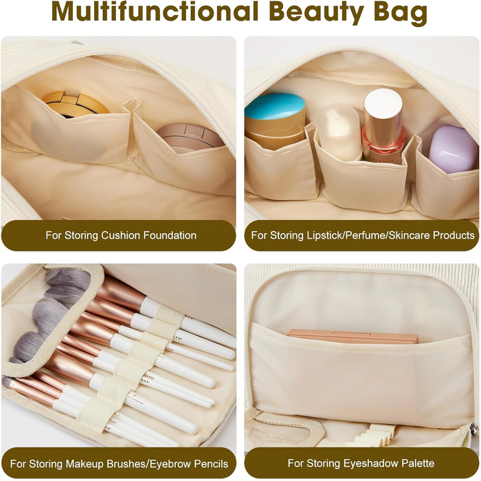 Косметичка жіноча Kalidi з багатьма відділеннями та слотом для пензлів, велика сумка для макіяжу, органайзер для косметики, валізка, темно-зелений (бежевий)