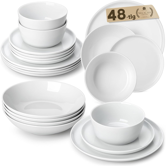 MALACASA Набір посуду Tafelservice 6 Personen, 18-Piece Porcelain Dinnerware Set White, Серія LEXI (білий, 48 предметів)
