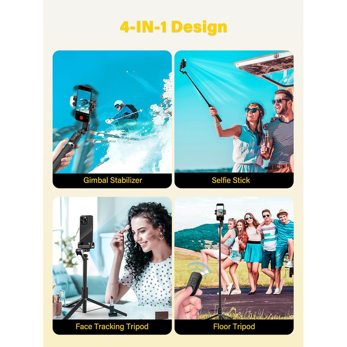 Стабілізатор для телефону AOCHUAN M2Pro Black з відстеженням обличчя, 4-в-1 RGB-підсвічування, 108 см, для iPhone та Android