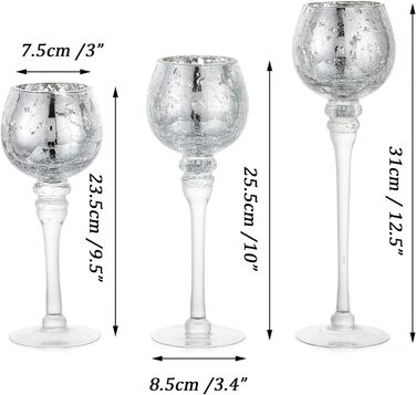 Romadedi Tealight Holder Candle Holder Glass Silver - Lantern Tealight Holder Decor Mercury 3-Piece Set 23.5/25.5/31.5 cm for Tealights Votive Candles, High Candles, Living Room Table Decoration, Wedding