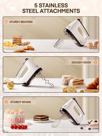 Електричний ручний міксер 400 Вт з 6 швидкостями та Turbo Boost, з набором аксесуарів, нержавіюча сталь, білий