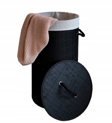 Великий круглий бамбуковий кошик для білизни з кришкою, 60 л, чорний