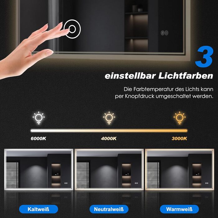 Дзеркало для ванної кімнати SONNI з підсвічуванням 80x60 см, 3 кольори світла, проти запотівання, LED, сенсорна кнопка, годинник, температура, 3-кратне збільшення