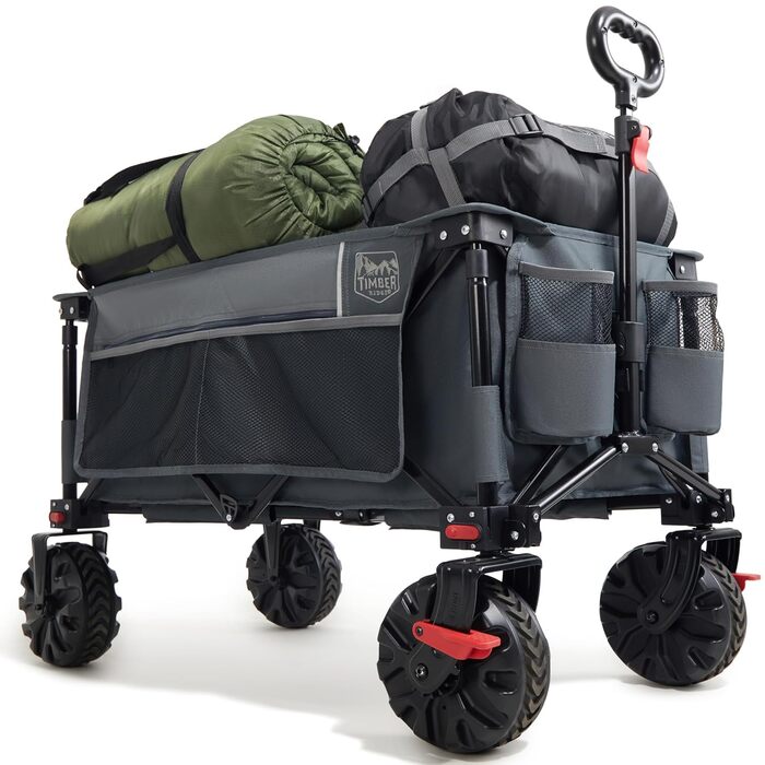 Візок-садовий Timber Ridge XXL 200л з гальмами, широкими колесами, бічною кишенею та тримачем для напоїв. Складний, для кемпінгу, покупок, вантажопідйомність 150кг, сірий