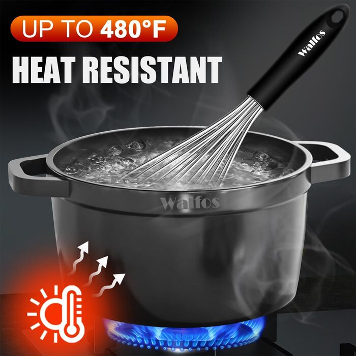 Вінчик кухонний Walfos силіконовий, набір 3 шт. з нержавіючої сталі - для антипригарного посуду, збивання яєць, спінювання та перемішування, чорний (срібло)