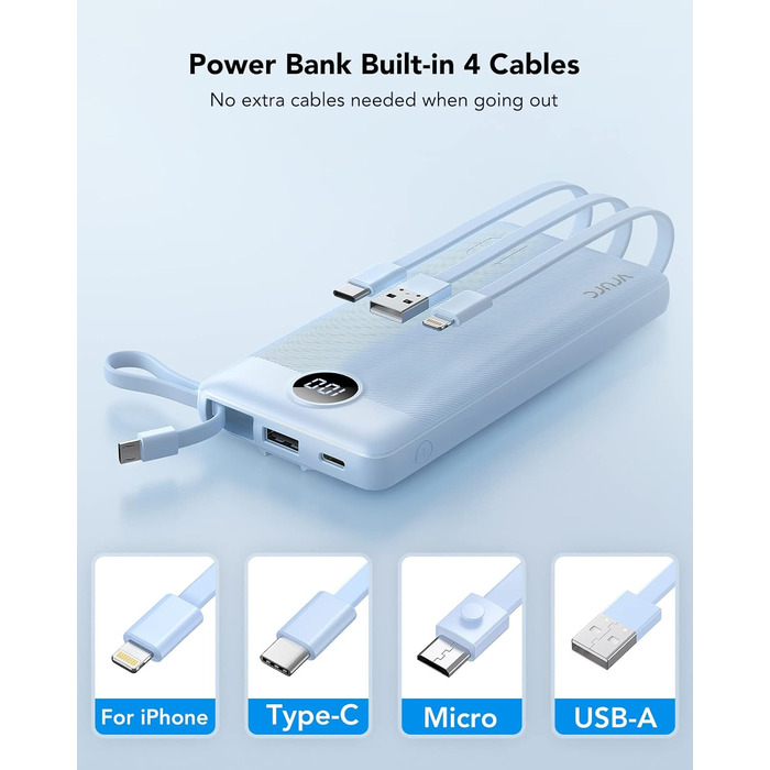 Power Bank VRURC 10000mAh з 4 кабелями: портативний акумулятор USB-C для iPhone, Huawei, Samsung та Android (синій)