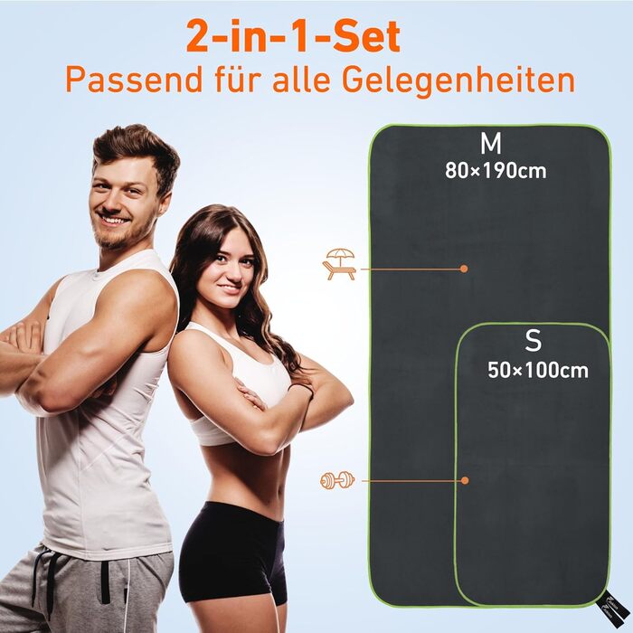 Набір з 2 рушників з мікрофібри (180x90 см + 100x50 см): великий для душу та спортивний, швидко сохне, без піску, для пляжу, фітнесу, кемпінгу, темно-сірий та зелений