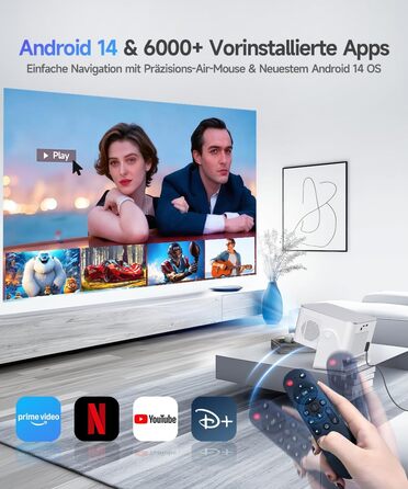 Проектор Alwtniet Mini Beamer 4K 8K з Android 14, WiFi 6, Bluetooth 5.4, Автофокус та Автокорекція, 180° поворот, для домашнього кінотеатру, HY350MAX