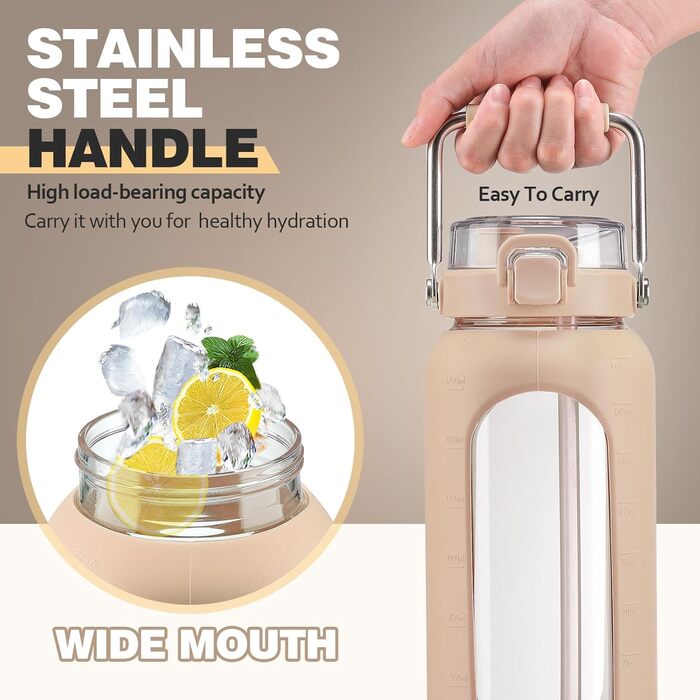 1900ml Glass Drinking Bottle with Straw and Stainless Steel Handle, Glass Water Bottle with Silicone Sleeve and Time Marker, Monitor Your Daily Water Intake 2 Liter, Light Green (Amber)