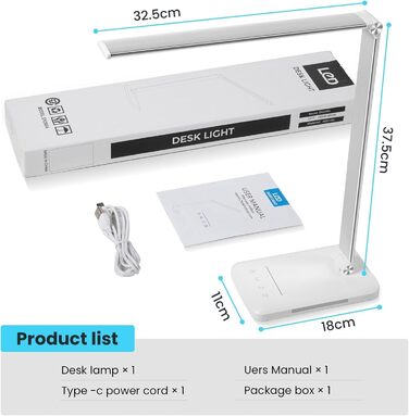 LED лампа настільна диммерна - 560LM, офісна лампа з 5 режимами кольору та 10 рівнями яскравості, з нічним світлом, USB-порт, функція пам'яті та таймер, 10W - білий сріблястий колір