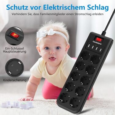 Мережевий фільтр з 4 USB, 6 розеток, вимикач, настінний, 3680W, 16A, 2 Type-C, кабель 1.8м (чорний)