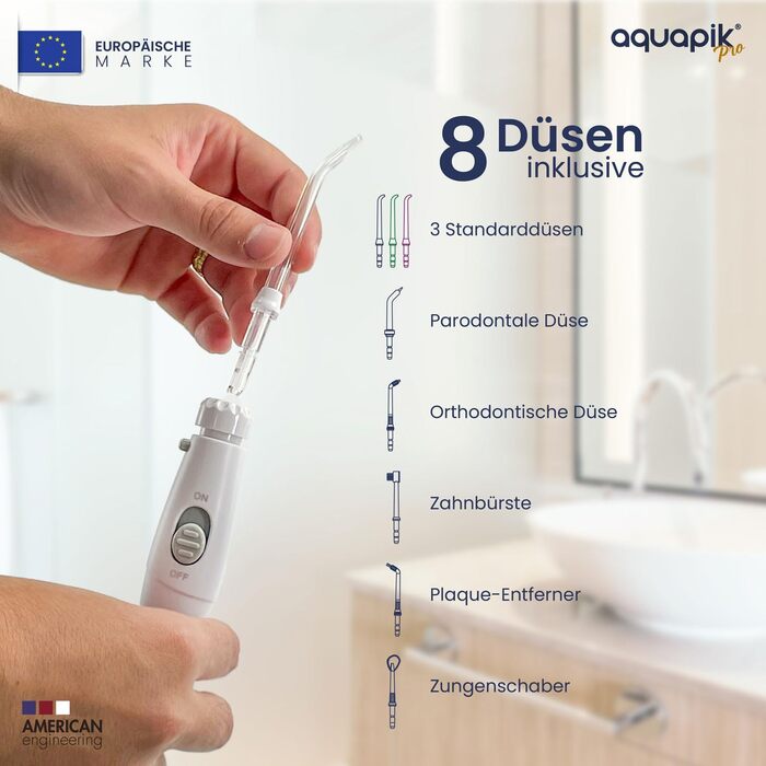 Іригатор для порожнини рота Munddusche PRO | Aquapik® | Професійне очищення зубів, видаляє наліт, рекомендовано стоматологами, для імплантів та брекетів | 8 насадок, 10 рівнів тиску, 600 мл (Білий)