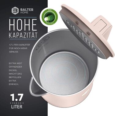 Balter Stainless Steel Kettle WK-4, 1.7 Liter, Electric Kettle, Double-Walled Design, BPA Free, LED, Compact Tea Kettle, Quiet (Black) (Pink)