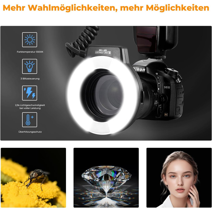 Кольцевий світловий прилад K&F Concept TTL для Nikon DSLR, GN 14, з AF-підсвічуванням та адаптерними кільцями