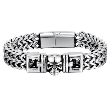 Чоловічий браслет-ланцюг JewelryWe в готичному стилі: срібний браслет з черепом для байкерів, сталевий ланцюг на руку