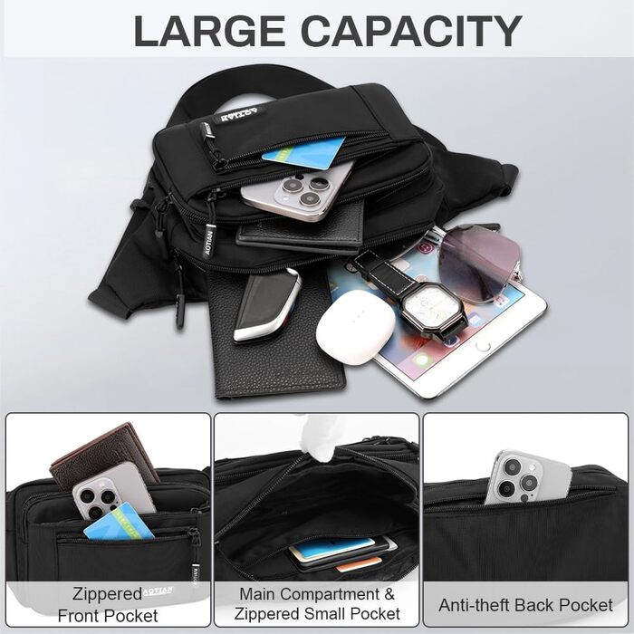 Поясна сумка на пояс для чоловіків та жінок, сумка на пояс з блискавкою, багатофункціональна сумка на стегно, 5 відділень, спортивна сумка на стегно для активного відпочинку, туризму, кемпінгу та велоспорту (#3 Чорний-a)