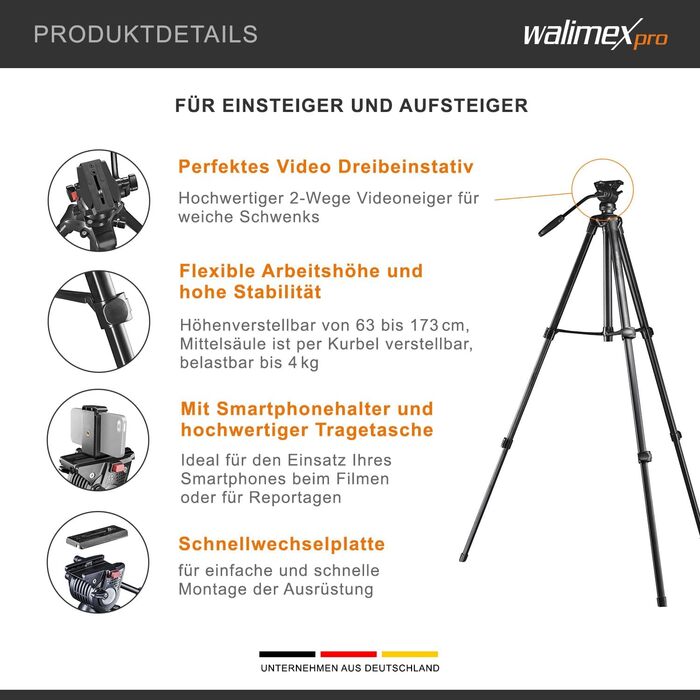 Відеоштатив Walimex pro Advanced 173 SH для DSLR камер, камкордерів та смартфонів, макс. навантаження 4 кг, з тримачем для телефону та сумкою