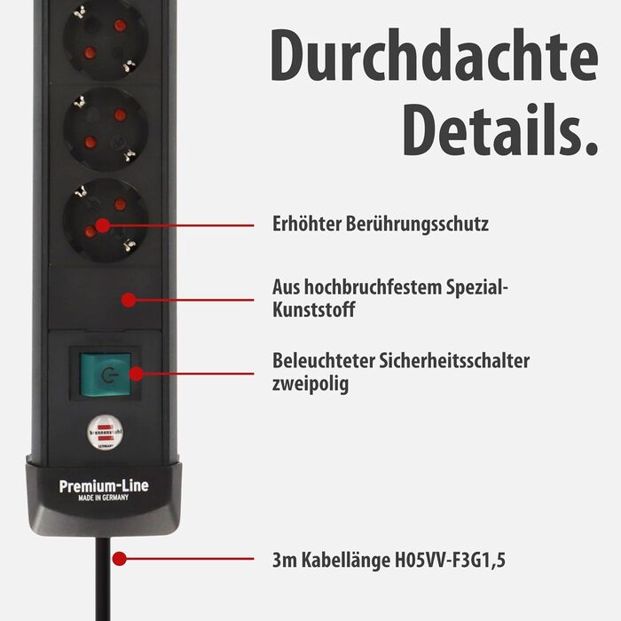 Бренненштуль Premium-Line Розподільник розеток 4-портовий з 2x USB-C PD 65W та USB-A 18W (Made in Germany), з вимикачем та кабелем 3м, для настінного монтажу, чорний