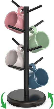 BAMBANG Bamboo Coffee Mug Tree, Swivel Coffee Mug Holder for Countertop, Coffee Mug Shelf with 8 Hooks, Coffee Mug Organizer, Coffee Mug Hanger for Coffee Bar, Black