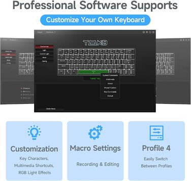 Ігрова клавіатура TMKB T63 з механічними клавішами Blue Switch, Bluetooth/2.4G/Кабель, чорна
