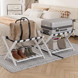 Fully assembled bamboo luggage rack with 5 straps, 2-tier foldable suitcase stand, wide wooden luggage rack, foldable luggage shelves, ideal for guest rooms, bedrooms, hotels, (100% solid bamboo)