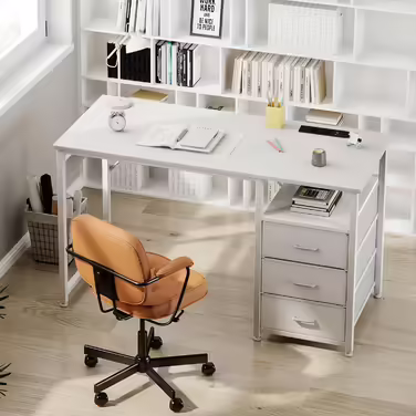ODK Desk with 3 Fabric Drawers, Computer Desk with 2 Sockets and USB Ports, Reversible PC Desk Office Desk for Home Office (White, 120x48x75.5 cm) 120x48x75.5cm White