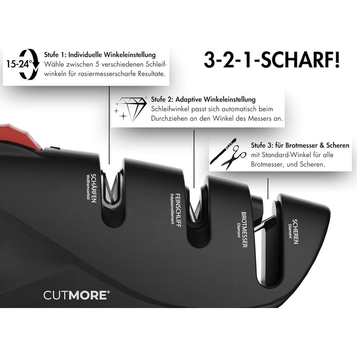 CUTMORE® Точилка для ножів Diamant - Оригінальна 5-в-1 для хлібних ножів, ножиць та ножів – професійний прецизійний кут – неслизька, проста, ефективна – відома у спільноті Hobbykoch (ProSharp)