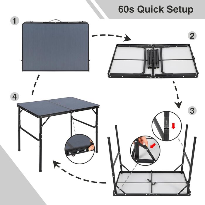 Складний кемпінговий стіл REDCAMP з регульованою висотою 90x60 см, чорно-сірий - для дому, балкону, пікніка