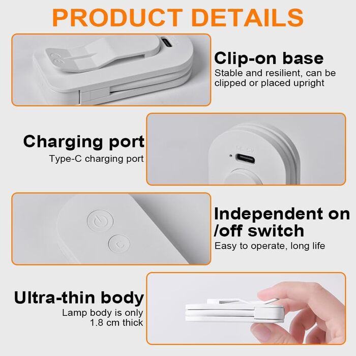 LED лампа для читання з кліпсою, USB перезаряджувана, 3 режими яскравості та колірної температури, гнучка на 360°, біла