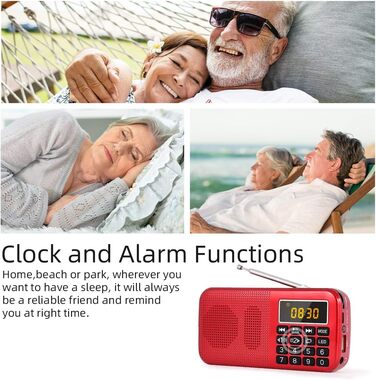 Портативне радіо PRUNUS J-725 FM/UKW з акумулятором 3000mAh, USB/SD/TF/AUX, радіоприймач з підсвічуванням, будильник (червоне)