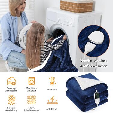 Електрична ковдра OneAmg з таймером та пультом керування, 155x180 см, 6 режимів нагріву, блакитна