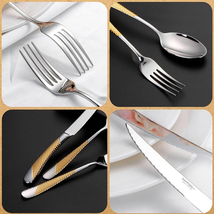 DAFFODILY Cutlery Set. Hammered 18/10 Stainless Steel Dinnerware. Mirror Finish, ultra-sharp steak knives, dishwasher safe. (Gold, 30)