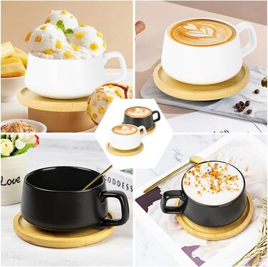 Набір кавових чашок капучино з блюдцем, 4 шт. Об'єм 320 мл, з кераміки, товстостінні, для еспресо, капучино, лате (чорний)