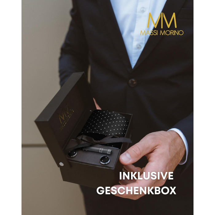Комплект краватки Massi Morino з нагрудною хустинкою, запонками та затискачем для краватки в подарунковій коробці - Чорна краватка в крапку для весілля