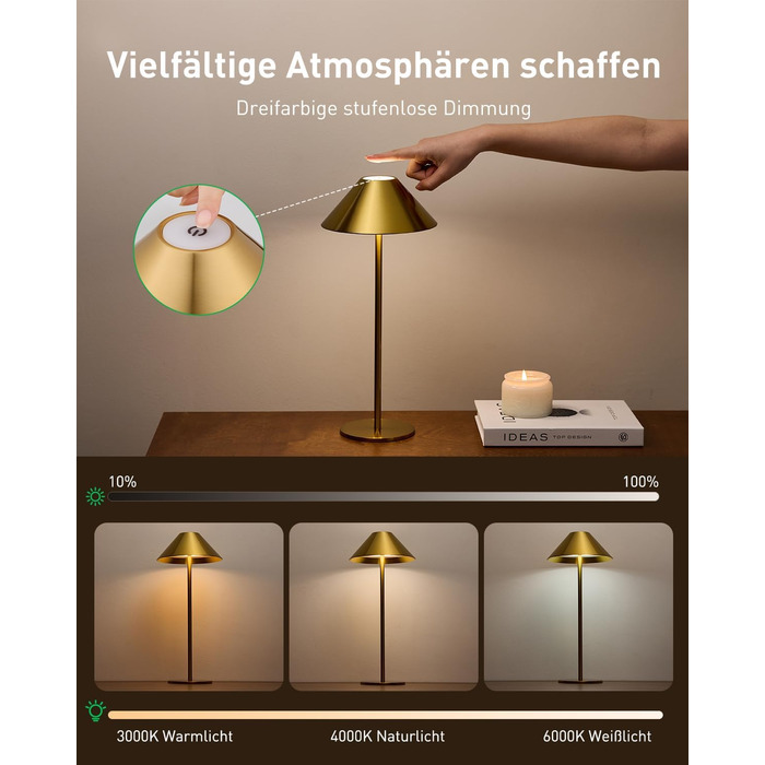 BOJIM 2 шт. LED настільна лампа на акумуляторі, золота, USB, сенсорне регулювання, IP54, водонепроникна, для балкона, поворотний наголовник
