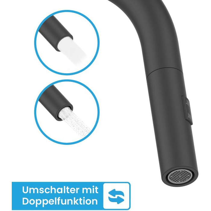 Кухонний змішувач Bächlein Plivo з нержавіючої сталі (щіткова обробка) – одноручний висувний кран для кухні з поворотним виливом 360° (матова чорна обробка)