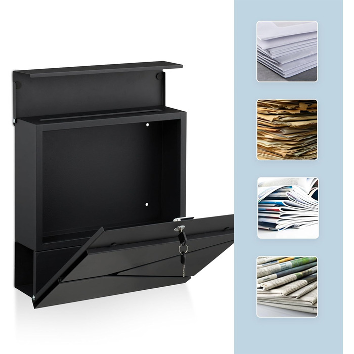 Поштовий ящик Relaxdays з газетницею, чорний, DIN C4, 37x37x11 см, вологостійкий, 4 ключі