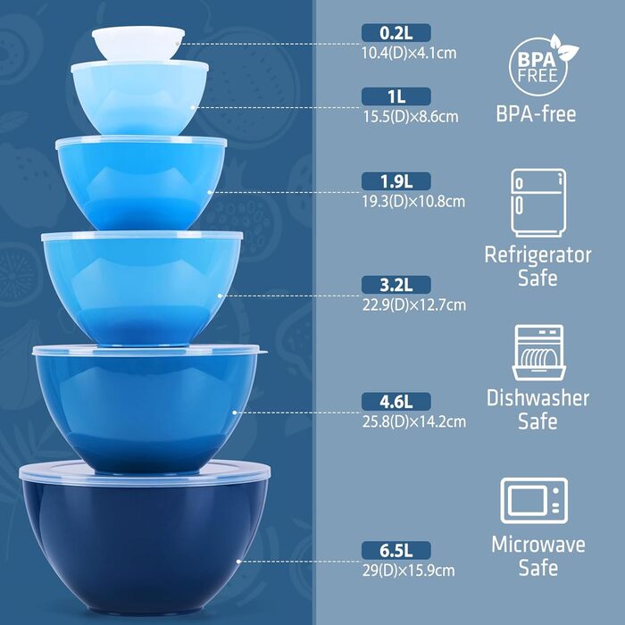 Luxear Large Mixing Bowl 0.2-6.5 L Salad Bowl Set with Lid, 6-Piece Bowl Set with Forks & Spoons, Large BPA-Free Plastic Bowls Stackable Bowl Set