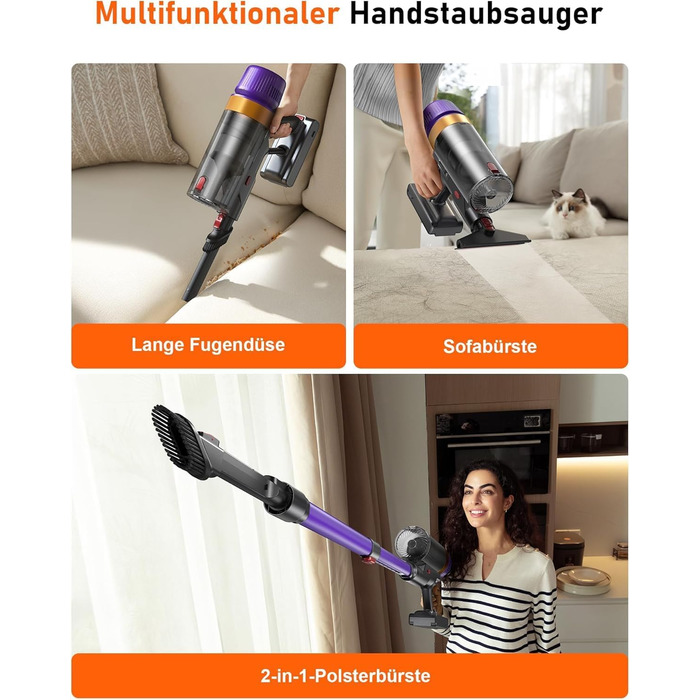 Бездротовий акумуляторний пилосос для видалення шерсті тварин, 1.8 л з дисплеєм, 55000 Па/620 Вт/75 хв, самостійна підставка, антизаплутувальна щітка, для килимів/твердих підлог/автомобіля