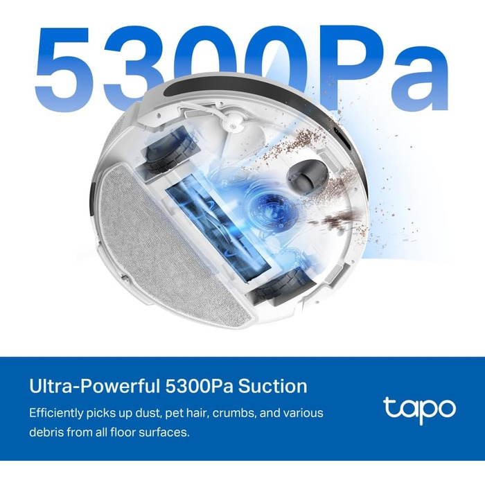 Робот-пилосос Tapo RV20 Max Plus з функцією миття та автоматичною станцією самостійного очищення, 5300Pa, 83 мм, сумісний з Alexa & Google Assistant, білий