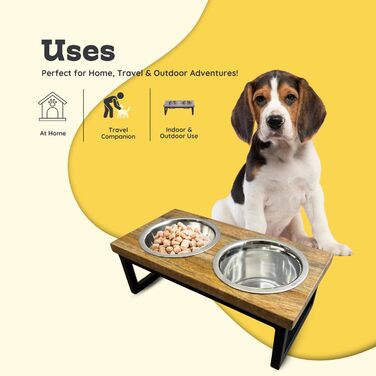 Підвищений дерев'яний стійка для собак AASPIRE PETS з двома мисками з нержавіючої сталі – для води та корму, об'єм 0,9 л, годівниця для собак середніх порід