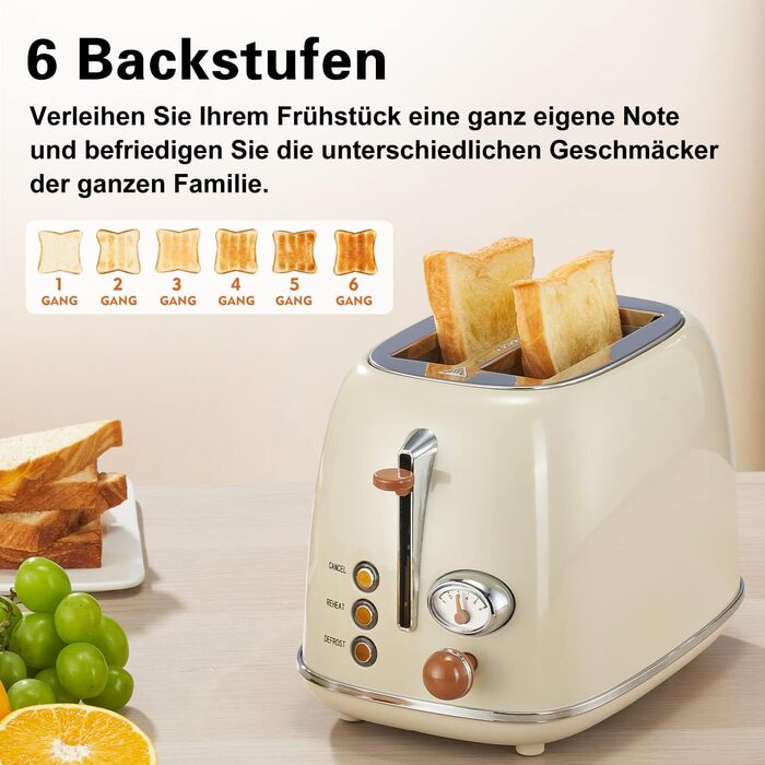 Wiltal Retro 2-Slice Toaster, 6 Adjustable Browning Levels, with High-Quality Bun Warmer, Warming-Defrost-Cancel Function, Countdown Display (milky)