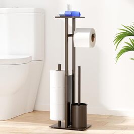 Stainless Steel Toilet Paper Holder with Brush - Freestanding Toilet Paper Roll Holder with Tray & Glass Shelf (Matte Brown)
