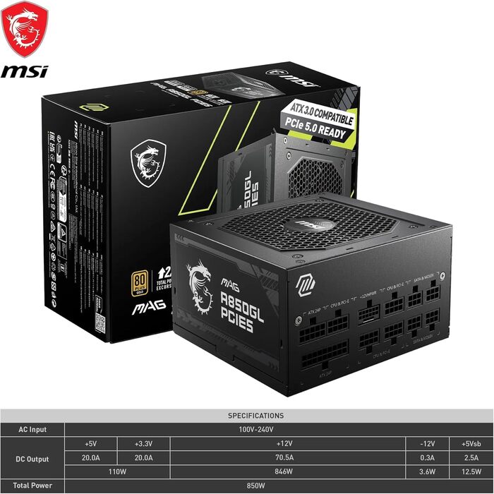 Блок живлення MSI MAG A850GL PCIE5 850W 80 Plus Gold, повністю модульний, ATX 3.0, підтримка PCIe 5.0, 120мм FDB вентилятор
